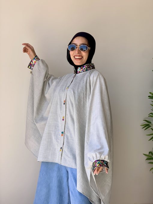 Grey Linen Blouse with Colorful Sequin Trim - Image 5