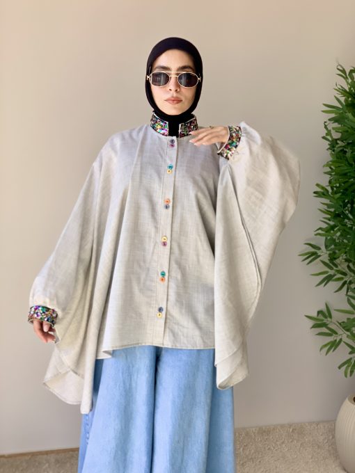 Grey Linen Blouse with Colorful Sequin Trim - Image 7