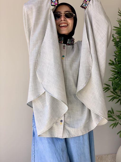Grey Linen Blouse with Colorful Sequin Trim - Image 8