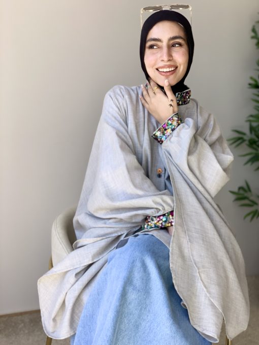 Grey Linen Blouse with Colorful Sequin Trim - Image 11