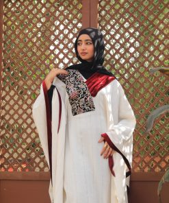 Embroidered red velvet linen poncho