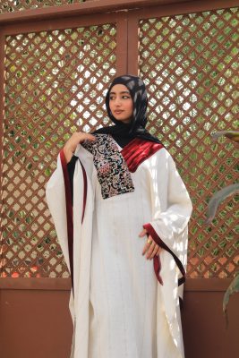 Embroidered red velvet linen poncho