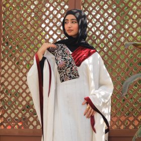 Embroidered red velvet linen poncho