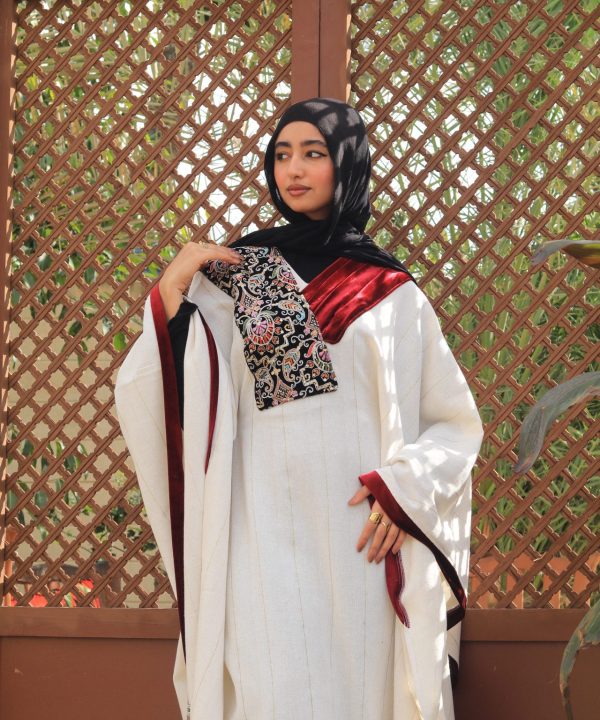 Embroidered red velvet linen poncho